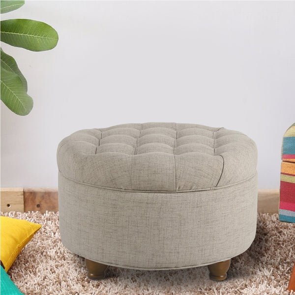 benzara BM194141 - Fabric Upholstered Wooden Ottoman with Tufted Lift Off Lid Storage Beige