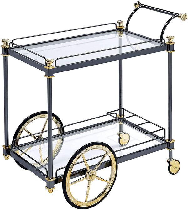 Benzara BM194350 Metal Framed Serving Cart With Glass Shelves And Side Handle Black And Gold