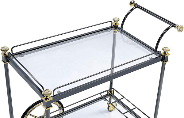 Benzara BM194350 Metal Framed Serving Cart With Glass Shelves And Side Handle Black And Gold