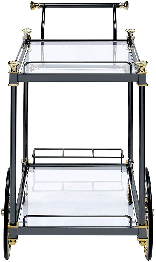 Benzara BM194350 Metal Framed Serving Cart With Glass Shelves And Side Handle Black And Gold