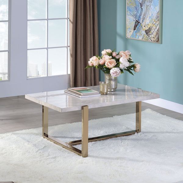 benzara BM194439 Modern Metal Framed Coffee Table with Faux Marble Top White and Gold