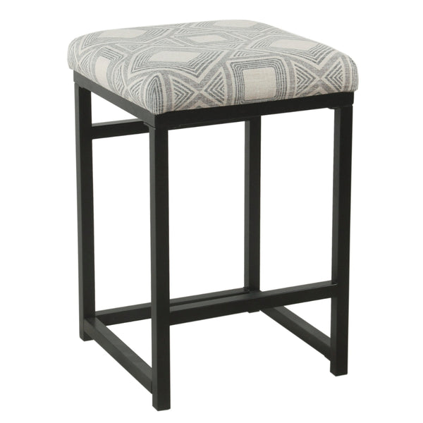 Benzara BM195160 - Metal Counter Stool With Geometric Pattern Fabric Upholstered Seat Gray And Black