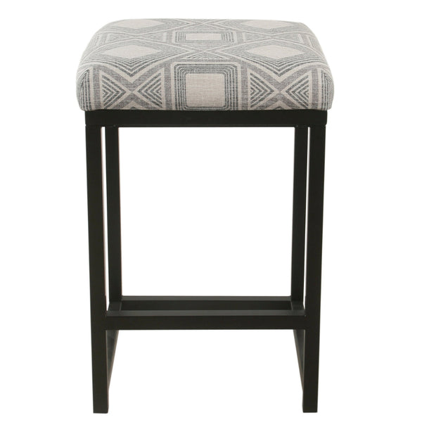 Benzara BM195160 - Metal Counter Stool With Geometric Pattern Fabric Upholstered Seat Gray And Black