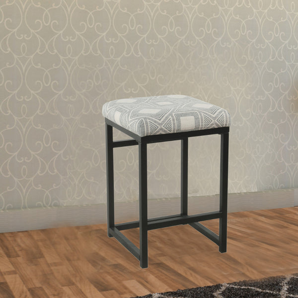 benzara BM195160 - Metal Counter Stool with Geometric Pattern Fabric Upholstered Seat Gray and Black