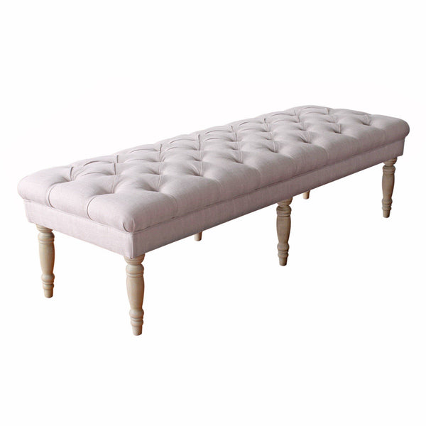 benzara BM195186 - Wooden Bench with Button Tufted Fabric Upholstered Seat and Turned Legs Cream