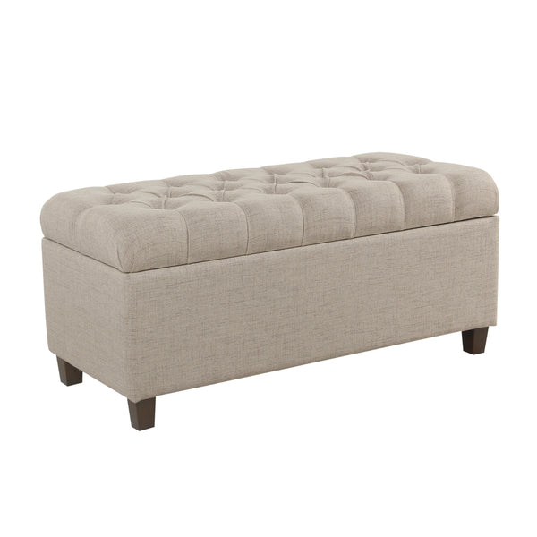 benzara BM195767 - Fabric Upholstered Button Tufted Wooden Bench With Hinged Storage Beige and Brown