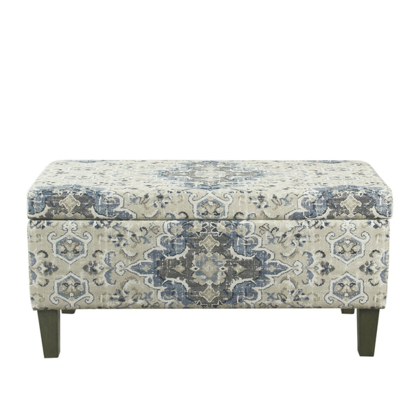 benzara BM195785 - Medallion Print Fabric Upholstered Wooden Bench With Hinged Storage Large Blue and Cream