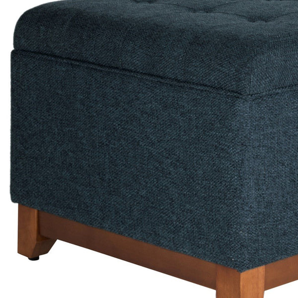 Benzara BM195798 - Textured Fabric Upholstered Wooden Ottoman With Button Tufted Top Blue And Brown