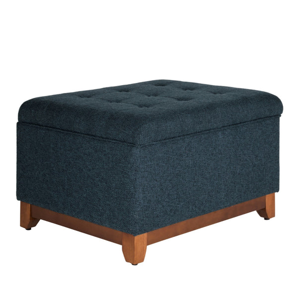 benzara BM195798 - Textured Fabric Upholstered Wooden Ottoman With Button Tufted Top Blue and Brown