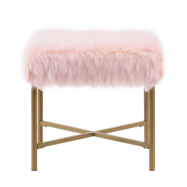 benzara BM196056 - Square Faux Fur Upholstered Ottoman with Tubular Metal Legs and X Shape Base Pink and Gold