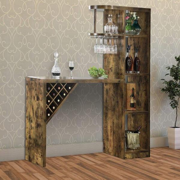 benzara BM196236 - Wooden Bar Unit With Open Compartments and Diagonal Wine Section Brown