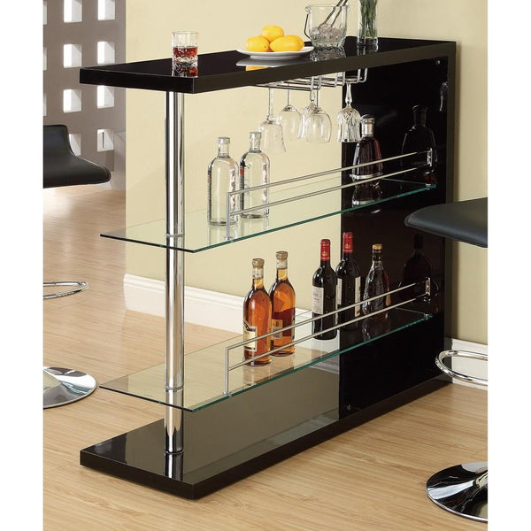 benzara BM68940 Enticing Rectangular Bar Unit with 2 Shelves and Wine Holder Black