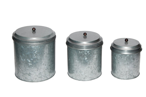 Benzara BM82052 Galvanized Metal Lidded Canister With Ribbed Pattern Set Of Three Gray