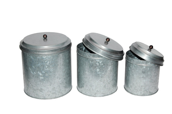 Benzara BM82052 Galvanized Metal Lidded Canister With Ribbed Pattern Set Of Three Gray