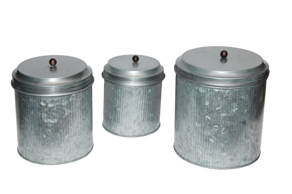 Benzara BM82052 Galvanized Metal Lidded Canister With Ribbed Pattern Set Of Three Gray