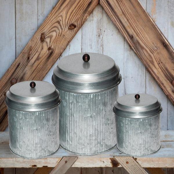 benzara BM82052 Galvanized Metal Lidded Canister With Ribbed Pattern Set of Three Gray