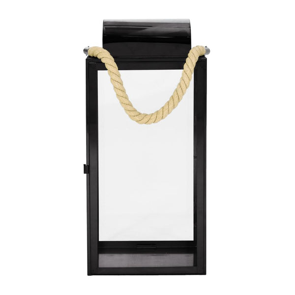 Benzara Bobby 19 Inch Lantern Black Stainless Steel Curved Cap Rope Handle -BM321654