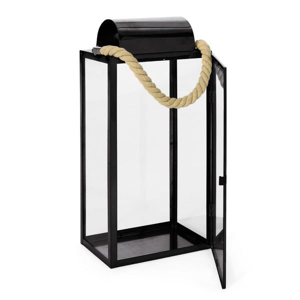 Benzara Bobby 19 Inch Lantern Black Stainless Steel Curved Cap Rope Handle -BM321654
