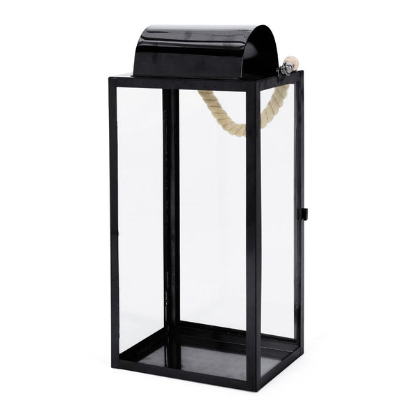 Benzara Bobby 19 Inch Lantern Black Stainless Steel Curved Cap Rope Handle -BM321654