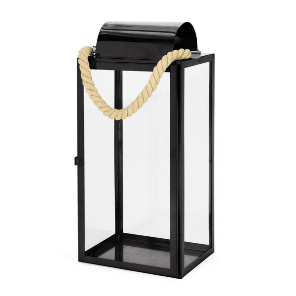 benzara Bobby 19 Inch Lantern Black Stainless Steel Curved Cap Rope Handle -BM321654
