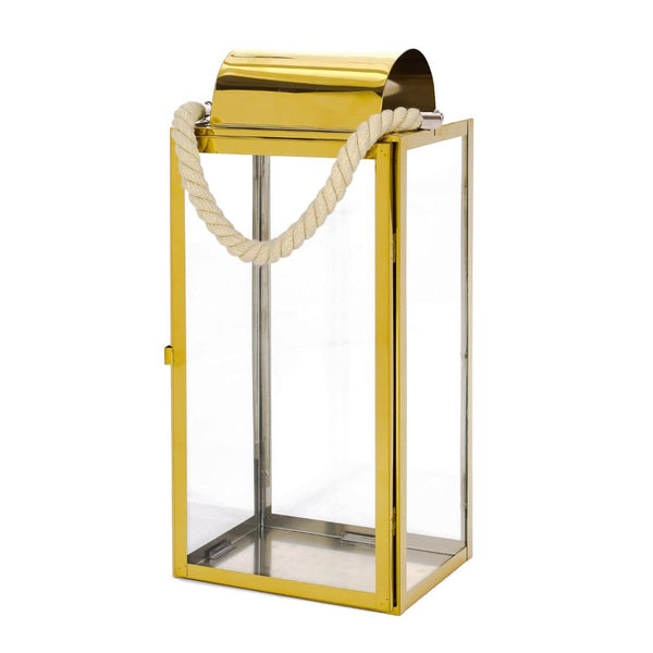 benzara Bobby 19 Inch Lantern Gold Stainless Steel Curved Cap Rope Handle -BM321659