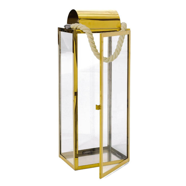 Benzara Bobby 22 Inch Lantern Gold Stainless Steel Curved Cap Rope Handle -BM321658