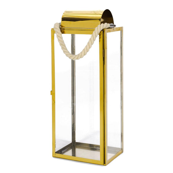 benzara Bobby 22 Inch Lantern Gold Stainless Steel Curved Cap Rope Handle -BM321658