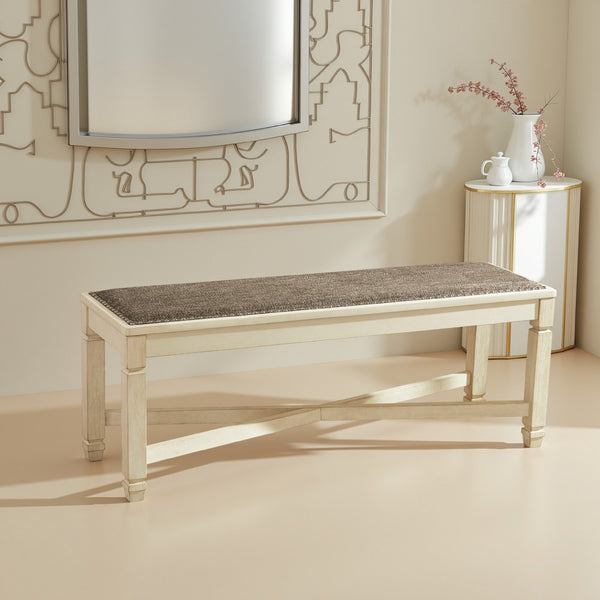 benzara Bolan Large Dining Bench with Heavy Woven Fabric White Wood 50 Inch -BM329782