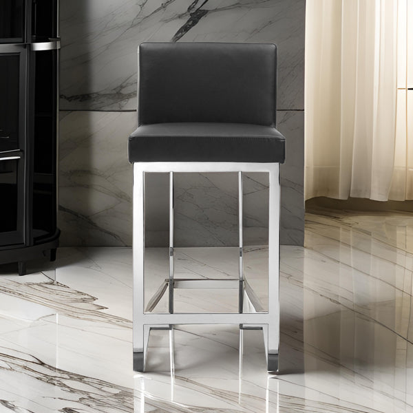 benzara Boly 26 Inch Counter Height Chair Black Faux Leather Chrome Steel - BM315108