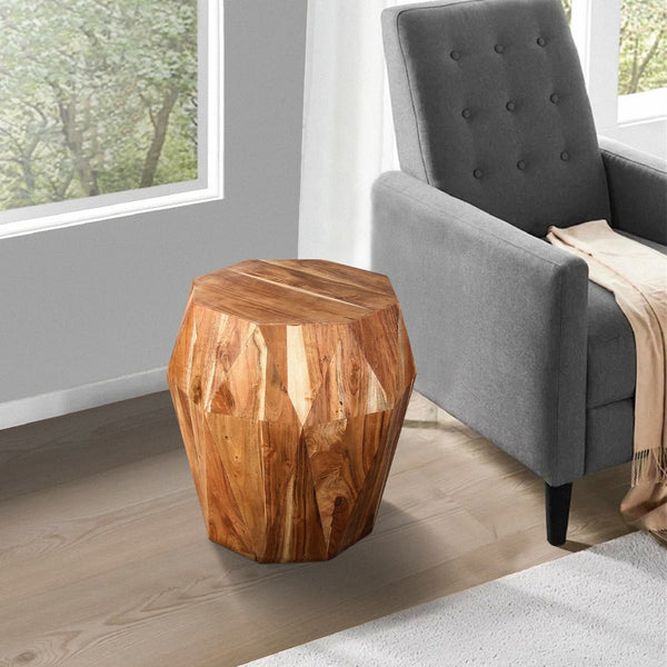 Benzara Bon 22 Inch Artisanal End Side Table Multifaceted Solid Acacia Wood Octagon Top Natural Brown - UPT-238449