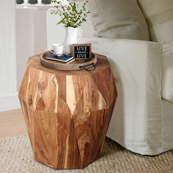 benzara Bon 22 Inch Artisanal End Side Table Multifaceted Solid Acacia Wood Octagon Top Natural Brown - UPT-238449