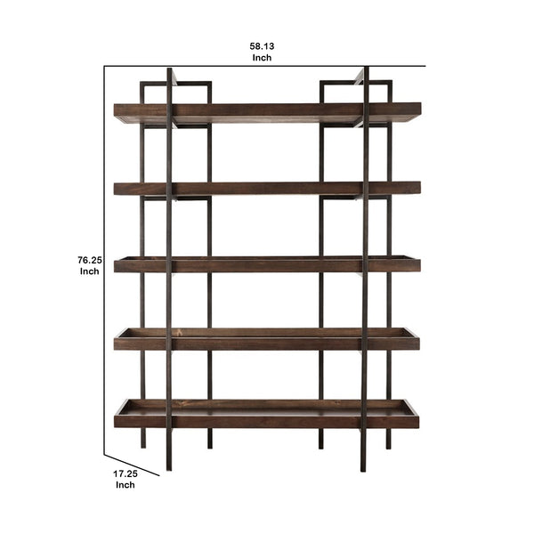 Benzara Bookcase With 5 Fixed Wooden Shelves And Metal Frame In Brown And Black - BM209257