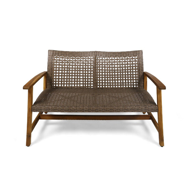 Benzara Bops Outdoor Loveseat Natural Brown Acacia Wood 52 Inch Gray Wicker -BM335278
