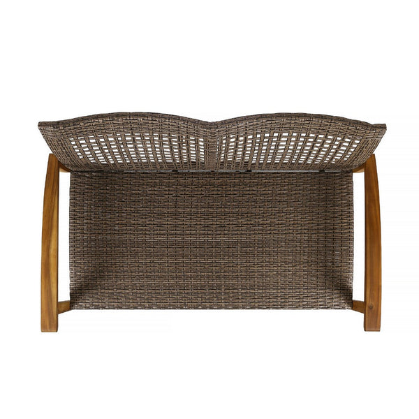 Benzara Bops Outdoor Loveseat Natural Brown Acacia Wood 52 Inch Gray Wicker -BM335278