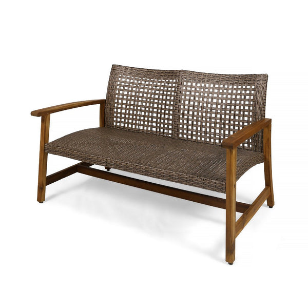 benzara Bops Outdoor Loveseat Natural Brown Acacia Wood 52 Inch Gray Wicker -BM335278