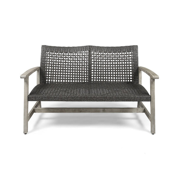 Benzara Bops Outdoor Loveseat Rustic Acacia Wood Frame 52 Inch Gray Wicker -BM335279