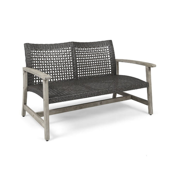 benzara Bops Outdoor Loveseat Rustic Acacia Wood Frame 52 Inch Gray Wicker -BM335279
