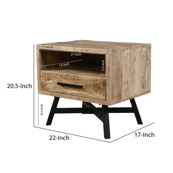 Benzara Bree 22 Inch Modern Rustic Single Drawer Nightstand Brown Mango Wood Frame Black Iron Angled Legs - UPT-293424