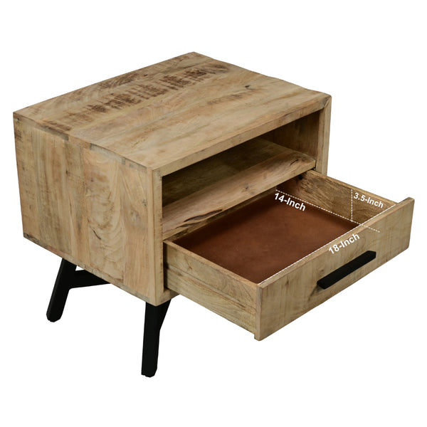 Benzara Bree 22 Inch Modern Rustic Single Drawer Nightstand Brown Mango Wood Frame Black Iron Angled Legs - UPT-293424