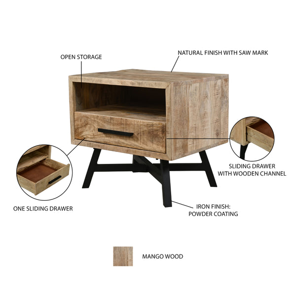 Benzara Bree 22 Inch Modern Rustic Single Drawer Nightstand Brown Mango Wood Frame Black Iron Angled Legs - UPT-293424