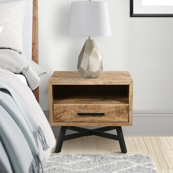 benzara Bree 22 Inch Modern Rustic Single Drawer Nightstand Brown Mango Wood Frame Black Iron Angled Legs - UPT-293424