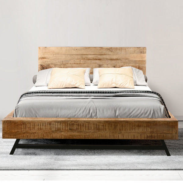 Benzara Bree Modern Rustic King Size Platform Bed Brown Acacia & Mango Wood Frame Angled Black Iron Legs - UPT-293422