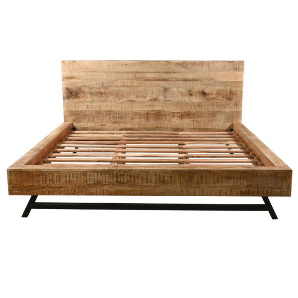 Benzara Bree Modern Rustic King Size Platform Bed Brown Acacia & Mango Wood Frame Angled Black Iron Legs - UPT-293422