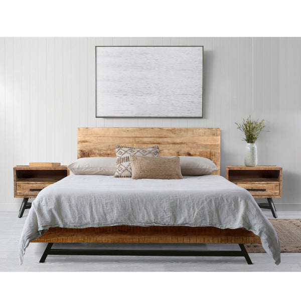 benzara Bree Modern Rustic King Size Platform Bed Brown Acacia & Mango Wood Frame Angled Black Iron Legs - UPT-293422