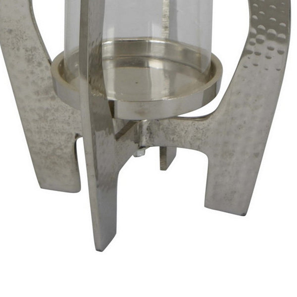 Benzara Brie Candle Holder Lantern 27 Inch Silver Metal Frame Glass Shade -BM324636