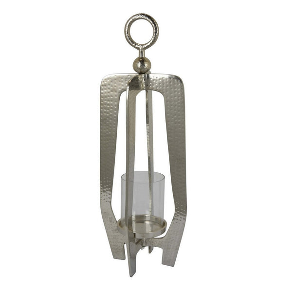 benzara Brie Candle Holder Lantern 27 Inch Silver Metal Frame Glass Shade -BM324636