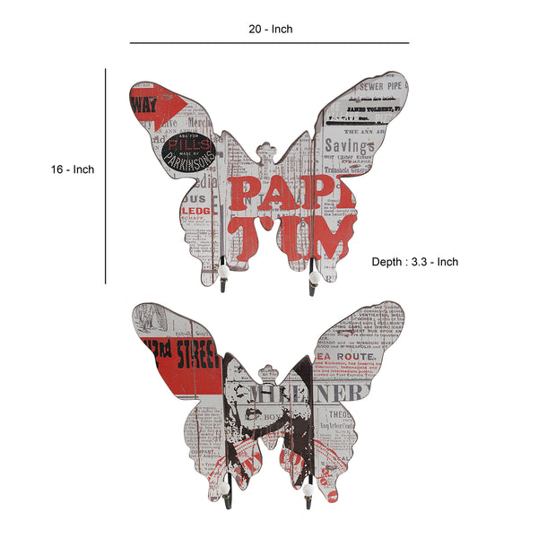 Benzara Butterfly Shaped Newspaper Print Wall Decor Set Of 2 Multicolor - BM202252