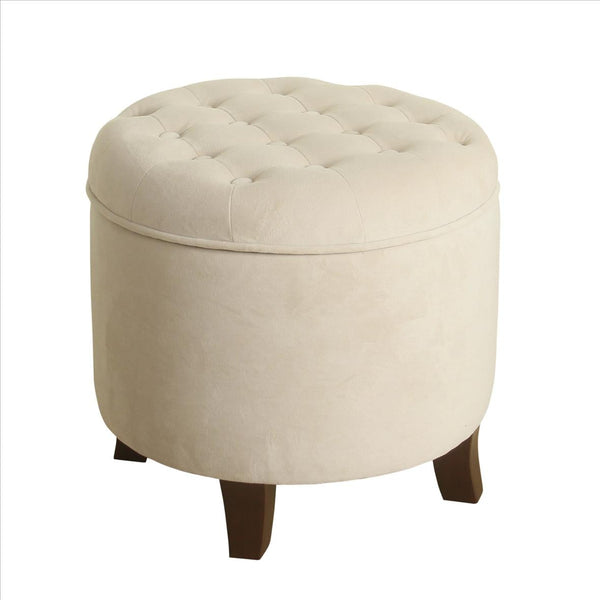 benzara Button Tufted Velvet Upholstered Wooden Ottoman with Hidden Storage Cream and Brown - BM194931