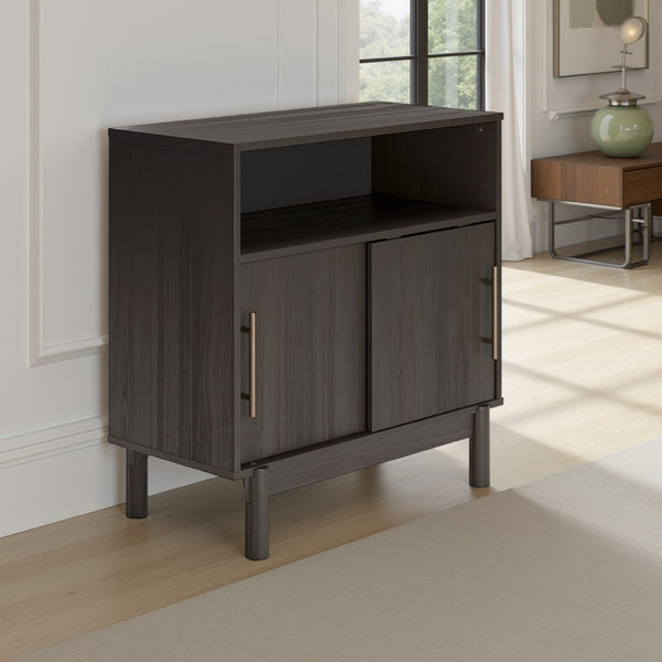 benzara Cabie Accent Table Sliding Doors and Open Top Shelf Gray Wood Gold -BM330027