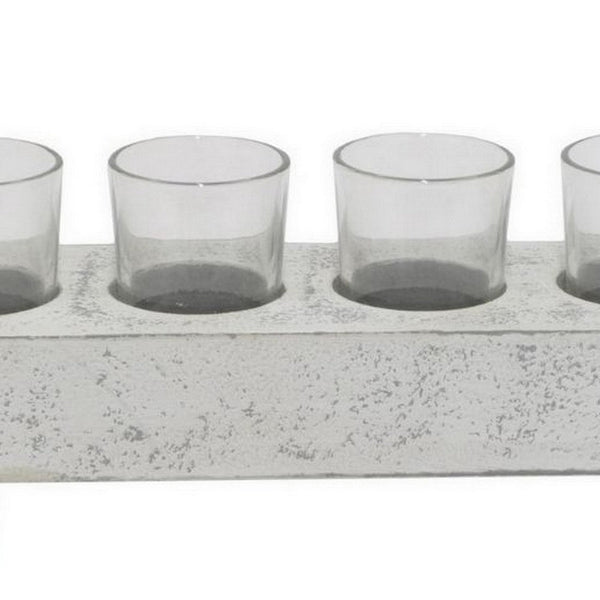 Benzara Cabo Accent Vase With 4 Glass Pots Wood Legs Gray Ceramic 15 Inch -BM330146